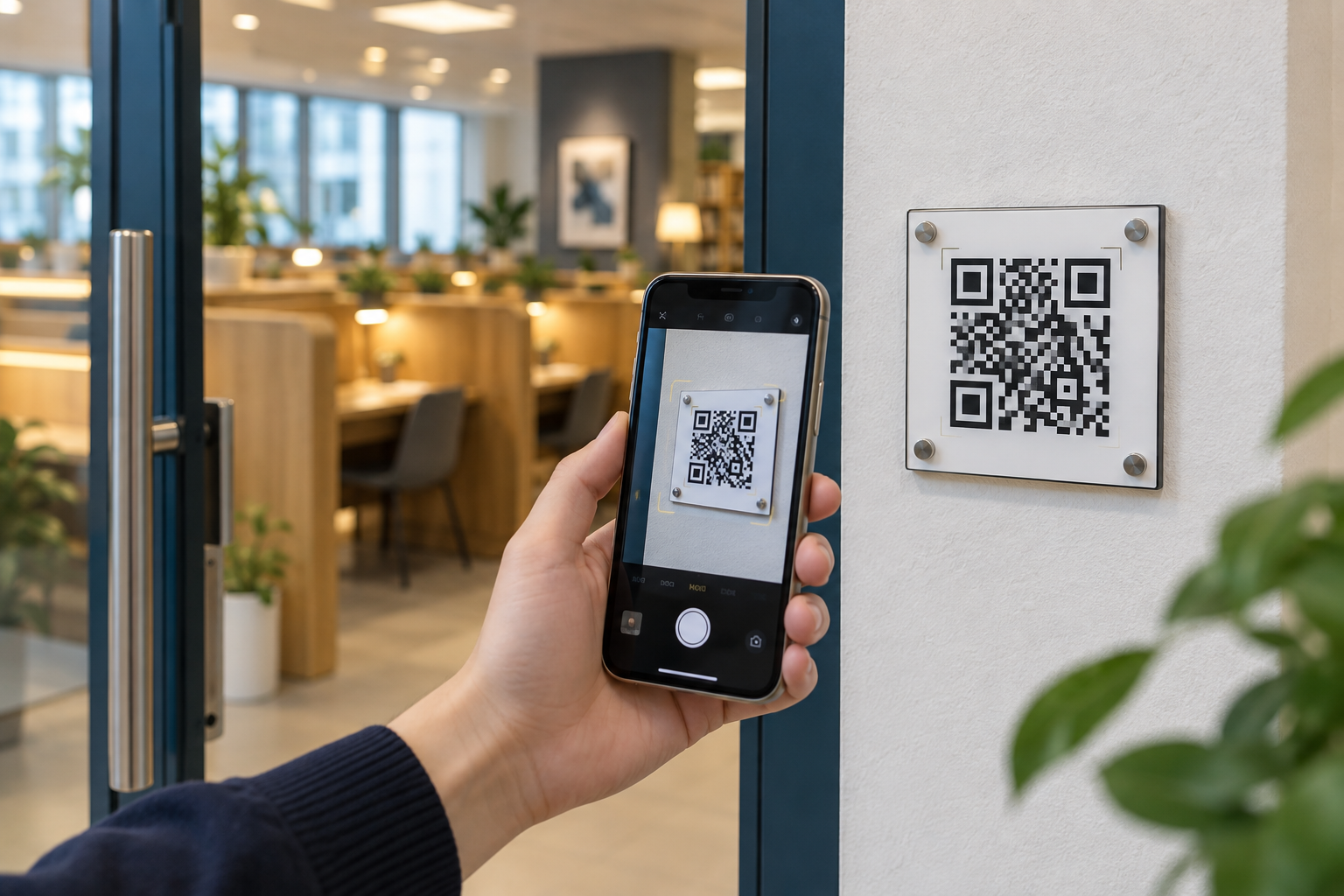 스터디카페 입구에서 스마트폰으로 QR 명패를 스캔하는 모습